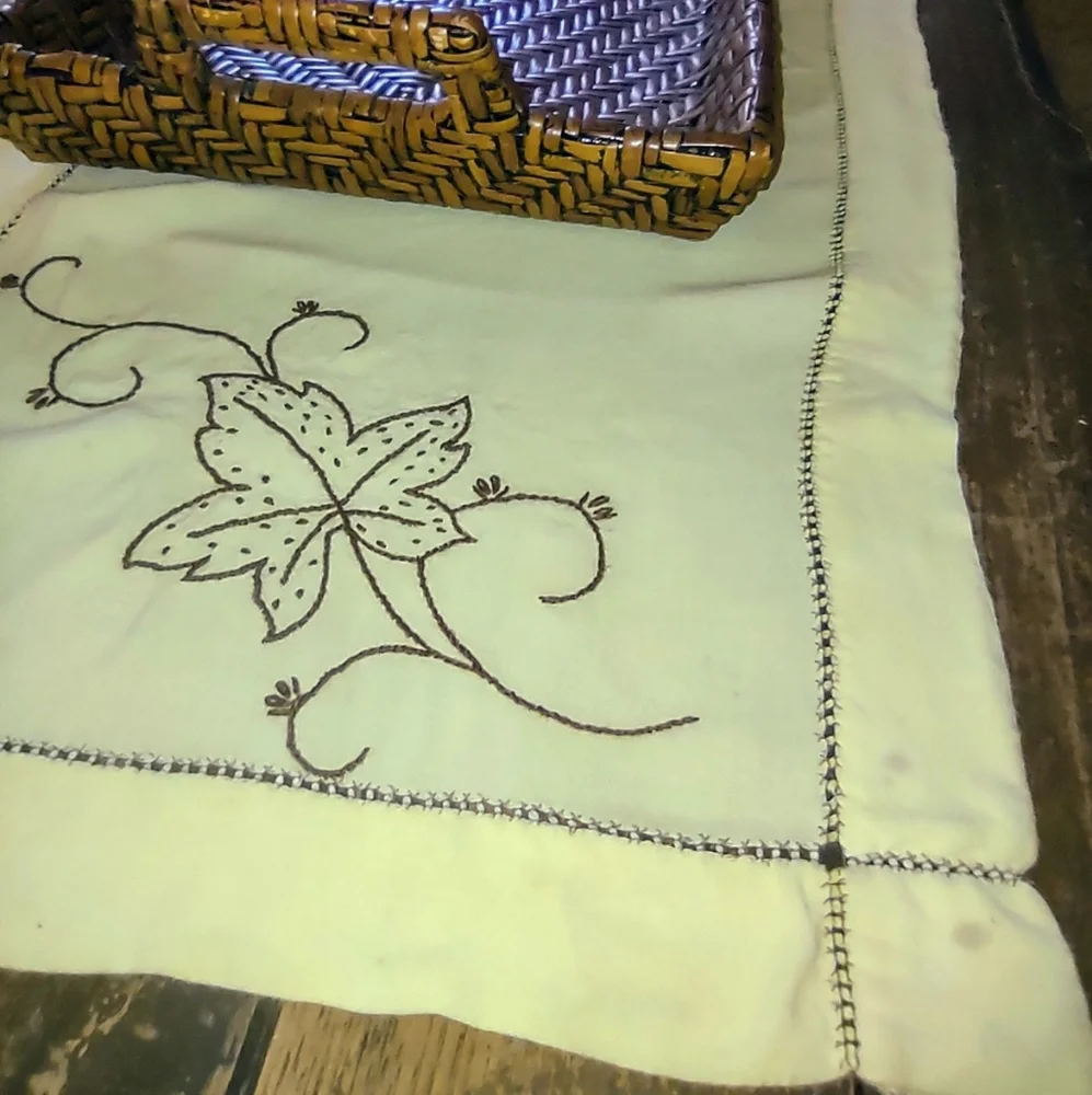 Sunshine Yellow Brown Oak Leaf Vintage Hand Embroidered Table Runner